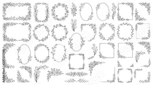 Collection of hand-drawn floral frames with roses and tulips isolated on white background tulip border flower wreath sketch floral