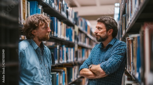 Two scholars engage in a thoughtful dialogue amidst the endless shelves of books in a large academic library, surrounded by the ambiance of knowledge and inspiration in a collaborative atmosphere