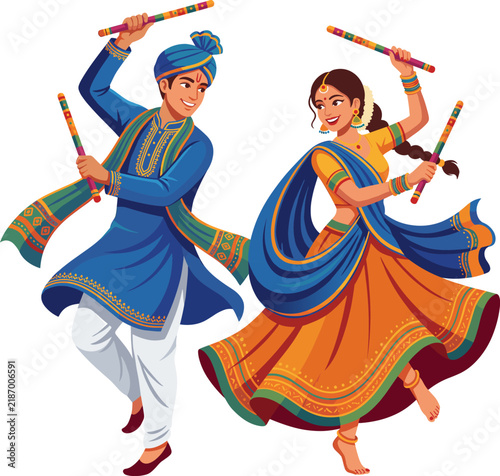 Couple Dancing with Dandiya Sticks for Colorful Navratri Garba Festival Celebration Design