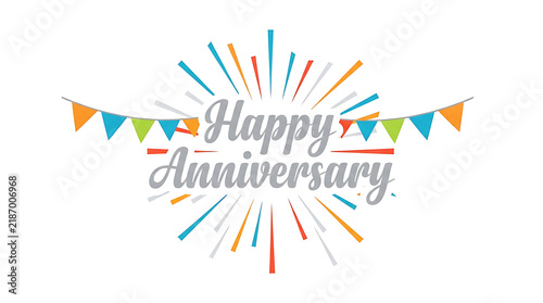 Colorful happy anniversary text design with festive bunting flags and decorative firework burst on white background