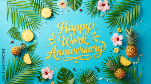 Happy anniversary greeting card with tropical palm leaves pineapples and flowers on a bright blue background