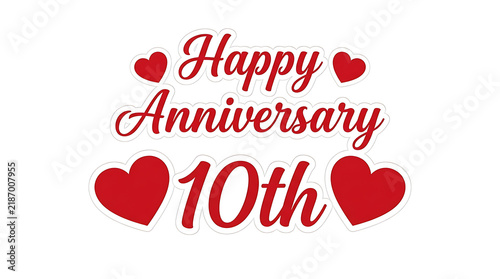 Decorative text for a tenth anniversary celebration featuring red hearts on a clean white background
