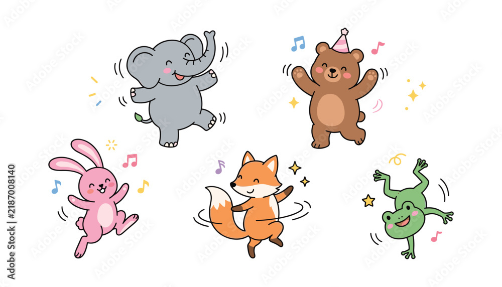 Obraz premium Cute Dancing Animals Vector Illustration Set with Playful Elephant Bear Bunny Fox and Frog Celebrating for Kids Designs