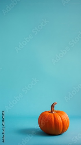 Single orange pumpkin on turquoise Halloween copy space