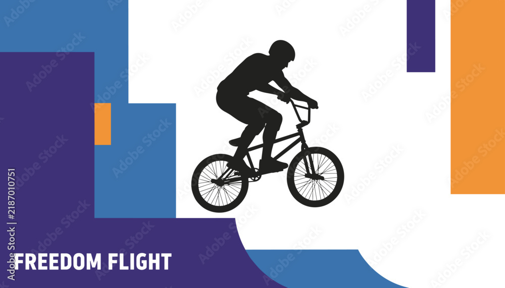 Obraz premium Black silhouette of a bmx rider performing a jump on a modern geometric blue and purple background with text.