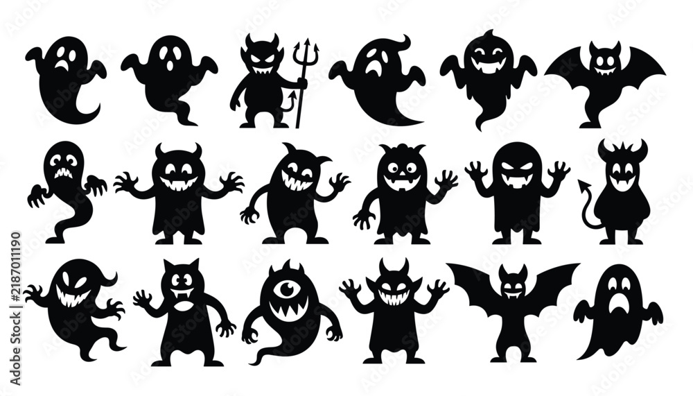 Obraz premium Collection of spooky Halloween character silhouettes including playful ghosts, cute monsters, bats, and devils.