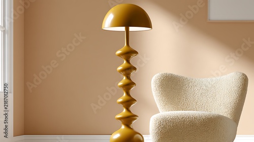 Stylish Gold Floor Lamp with Curved Shade and Plush Armchair in Cozy Room