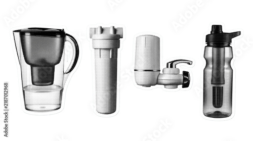 water filter retro halftone set , clean white border outline PNG