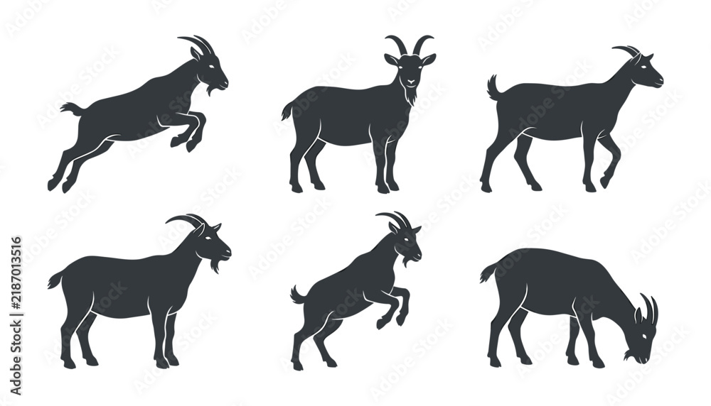 Obraz premium Goat Silhouette Vector Set with Various Poses Including Jumping Standing and Grazing for Farm and Wildlife Logo Designs