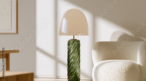 Modern table lamp with green textured base and white lampshade in cozy room setting