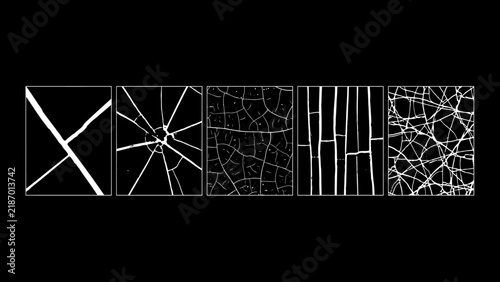 Cracked surface patterns showcase diverse fracture arrangements on a black background breakage cracks splintered shattered fragmented fissures damage stress