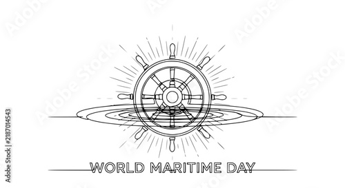 World Maritime Day Ship Wheel with Water Ripples - Isolated Line Art