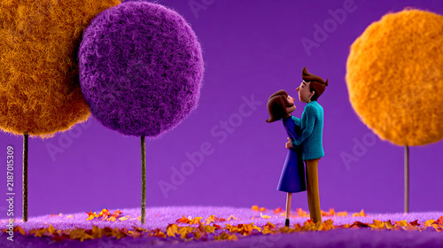 Verliebtes Paar in einer herbstlichen Fantasiewelt mit weicher Woll- und Filzoptik, bunten Bäumen, Regen und Regenschirm in kräftigen Violett-, Blau- und Orangetönen.