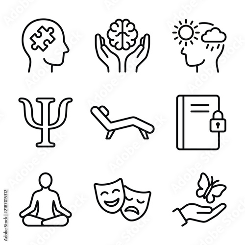 Mental health and psychology concept icons set in line art style with therapy symbols