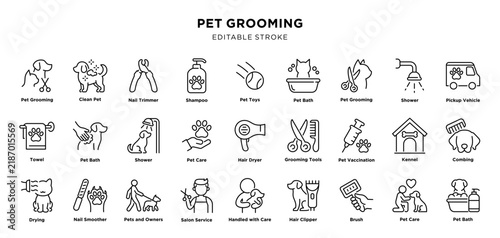 Pet grooming icon set with editable stroke