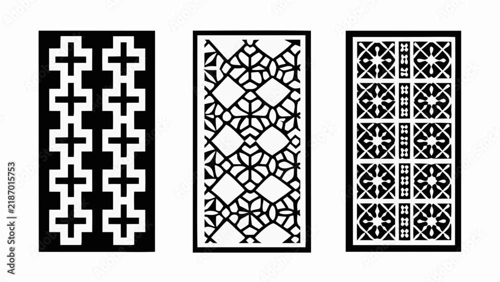Fototapeta premium Three black and white rectangular panels display geometric ornamentation with repeating patterns on a white background abstract
