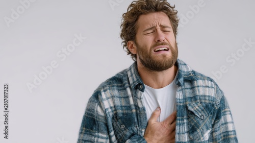 Man Clutching Chest in Severe Pain Experiencing Heart Attack Symptoms against Neutral Background