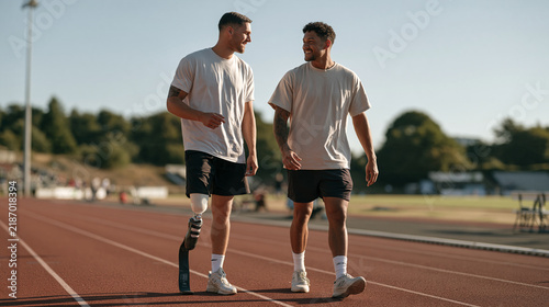 Two young men one with a prosthetic running blade and one in standard trainers walking together side by side on an athletics track, natural easy friendship posture, inclusion and