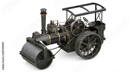 A detailed 3D illustration of a vintage steam powered road roller isolated on a clean white background