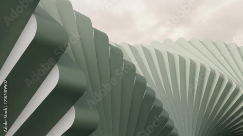 Abstract 3D Modern Architecture Design with Blue Spiral Shapes, Fan Inspired Forms, Paper Art, Light and Contemporary Business Concept Illustration