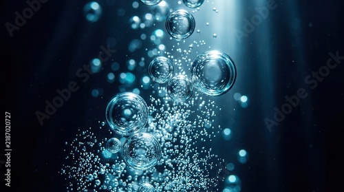 Air bubbles enriched with oxygen underwater against a dark background