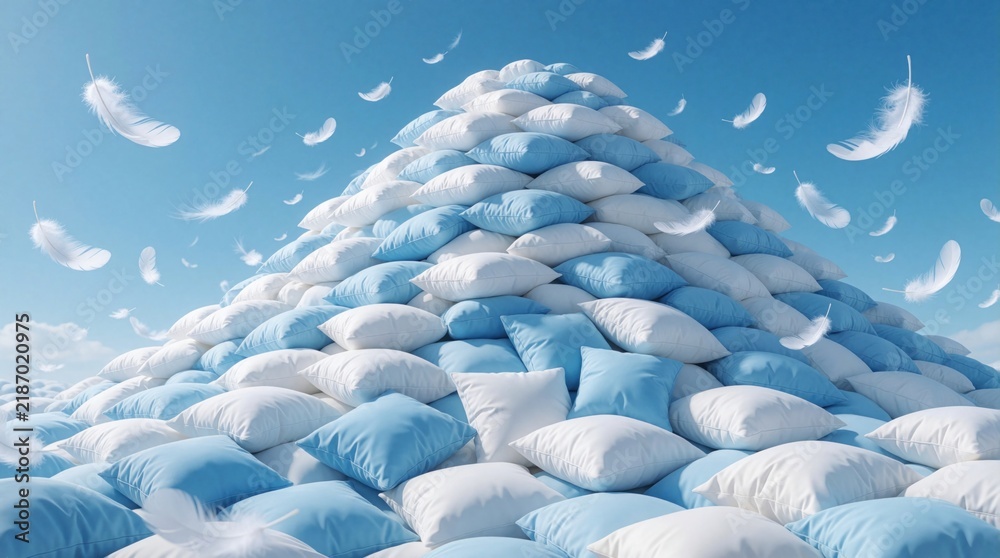 Fototapeta premium Surreal mountain made of soft white, blue pillows under clear sky. Fluffy feathers float in breeze around huge pile of cushions. Dreamy abstract concept for sleep relaxation, comfort, cozy bedding,