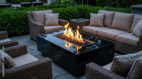 A sophisticated gas fire pit with black glass providing warmth for outdoor gatherings