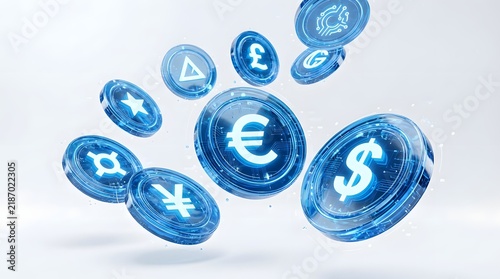 Futuristic Floating Currency Coins Euro Dollar Yen Pound Star