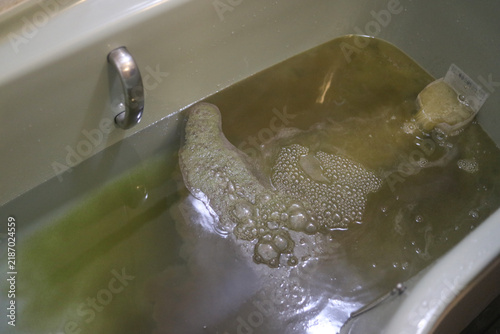 浴槽の配管洗浄をする様子