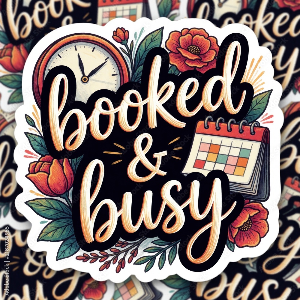Obraz premium Floral artwork states booked, busy with clock, calendar elements. Graphic represents constant work, scheduled events, full diary. Ideal for personal organization, time management, career themes.