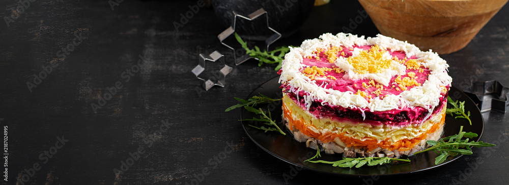 Obraz premium Classic Shuba Salad with Herring and Beetroot Layers. Banner