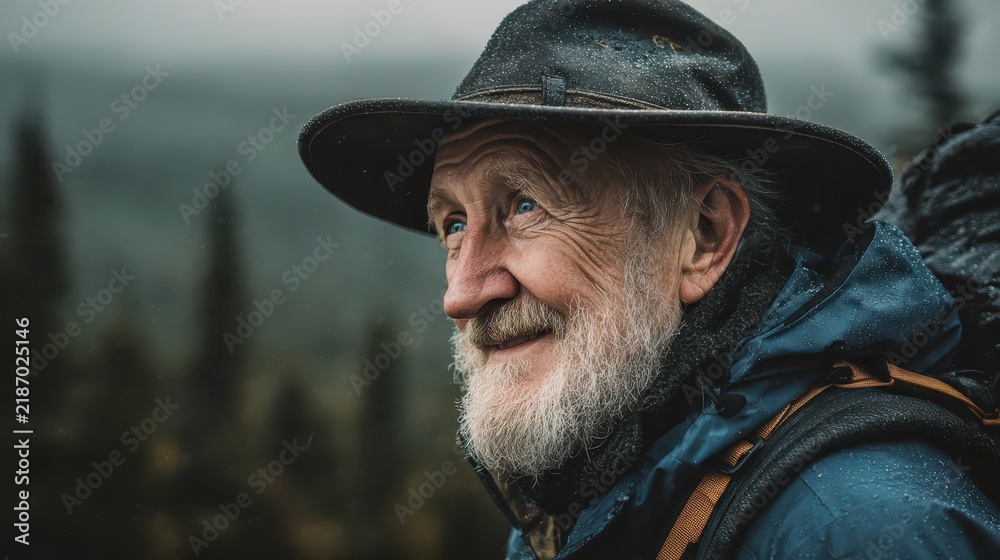 Obraz premium Smiling elder man with a white beard and wet hat in the rain. It conveys wisdom, resilience, and the joy of outdoor adventure.