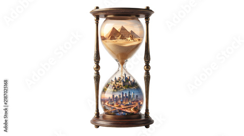 Surreal hourglass with ancient pyramids and modern city skyline, conceptual time passage between history and future, wooden sand timer isolated PNG with Transparent Background