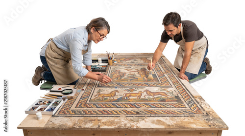 Professional archaeologists restoring ancient mosaic artwork, conservators cleaning historical roman floor tiles, museum preservation team isolated PNG with Transparent Background