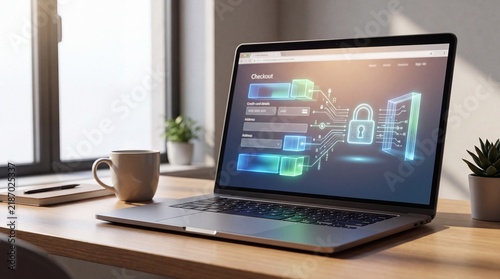 Laptop displaying a secure online checkout page with digital encryption icons on a wooden office desk with displays checkout interface digital security graphics