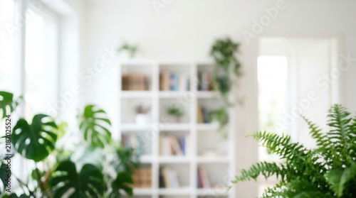 Interior scene with lush green plants and bookshelf in soft focus natural light