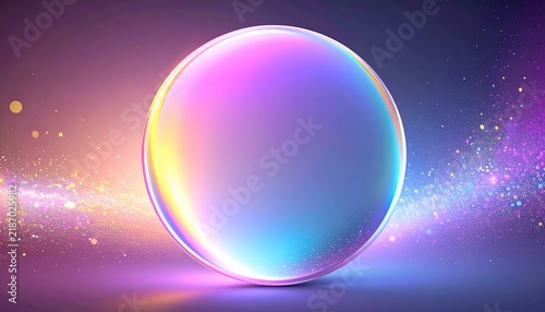 Sfera di Cristallo Magica con Galassia e Polvere di Stelle Iridescente 3D. Sfondo Astratto Cosmico: Sfera di Vetro Luminosa tra Bagliori Neon e Glitter
