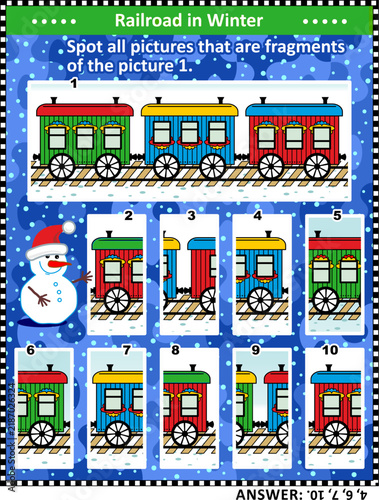 Christmas, winter or New Year visual puzzle or picture riddle with retro train cars in snowfall: Spot all pictures that are fragments of the picture 1. Answer included.
