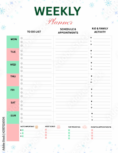 Weekly planner  christmas and winter tone with to do list, scdedule&appointment,kid family activity,even,note ,goal easy use