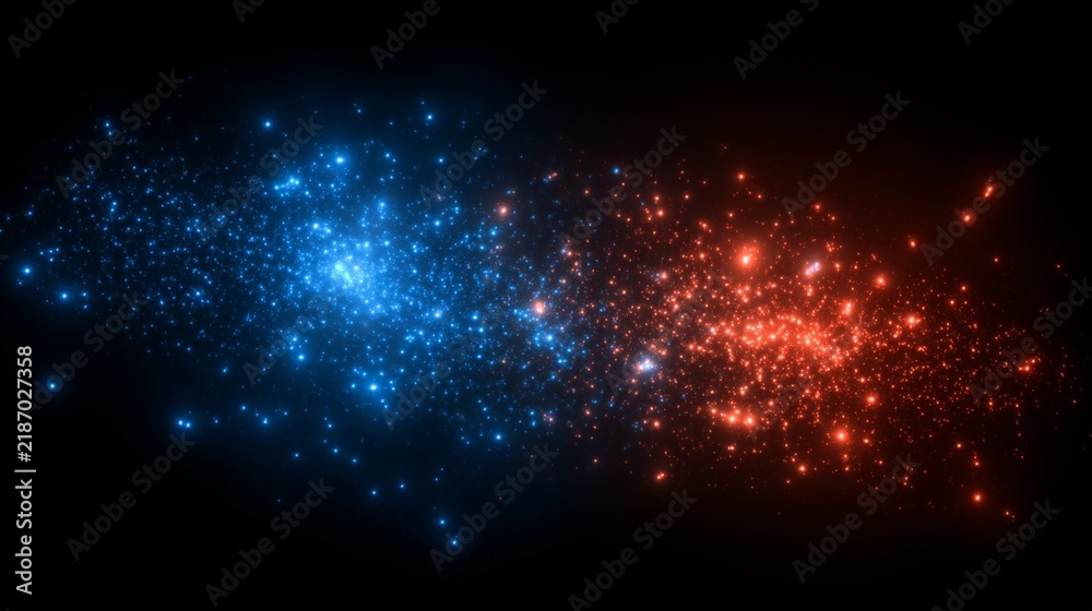 Fototapeta premium A vibrant digital illustration depicting contrasting galaxy populations, showcasing a stunning interplay of blue and red nebulae filled with shimmering stars against a deep black backdrop, evoking a s