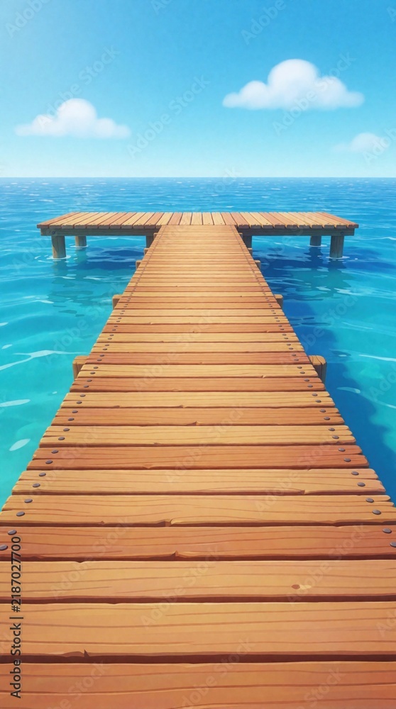 Fototapeta premium Wooden pier extends into calm blue ocean water under clear sky with white clouds. Cartoon style illustration shows long dock leading to horizon. Peaceful summer landscape for travel, vacation