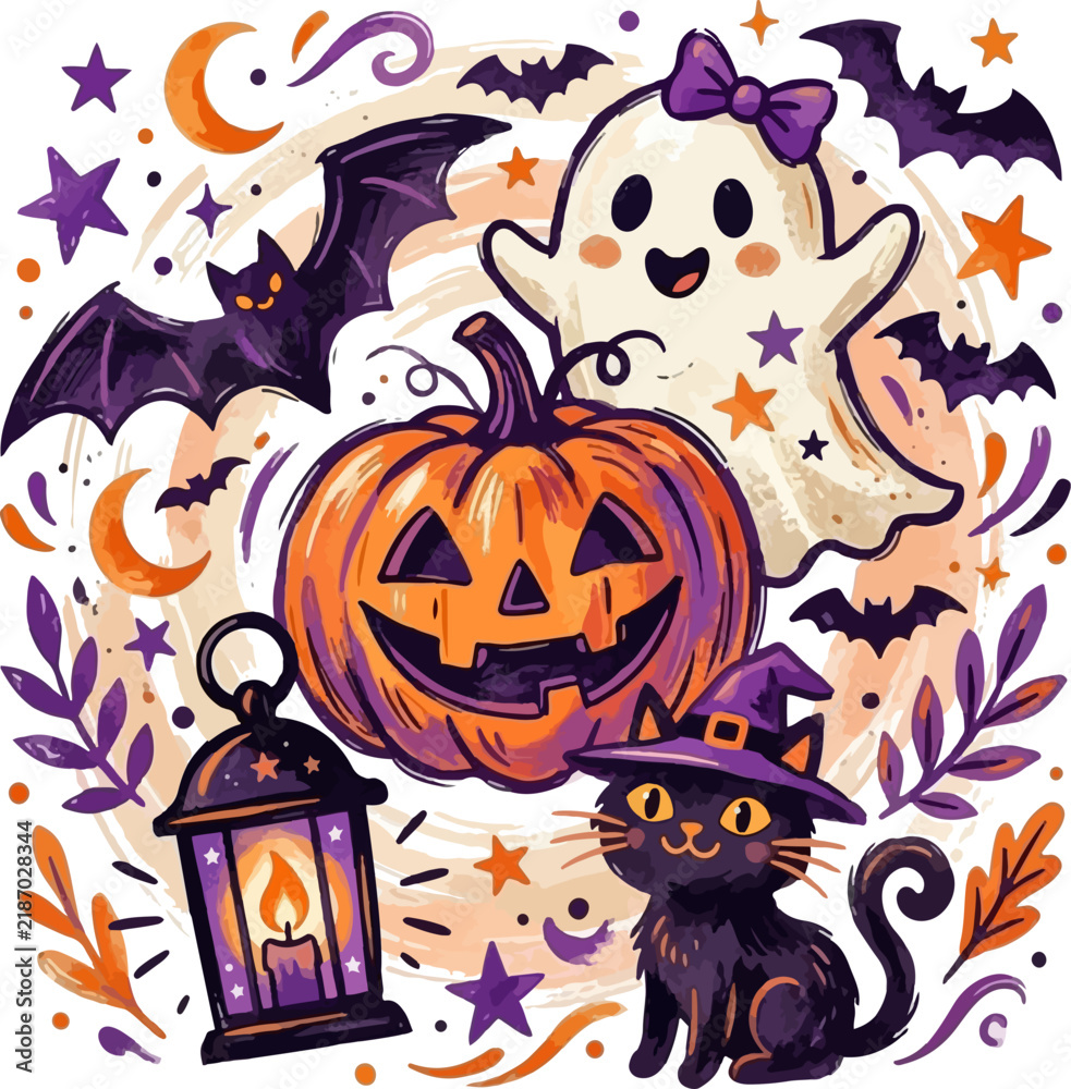 Fototapeta premium Spooky Halloween Ghost Cat Wearing Witch Hat with Playful Haunted Character Style