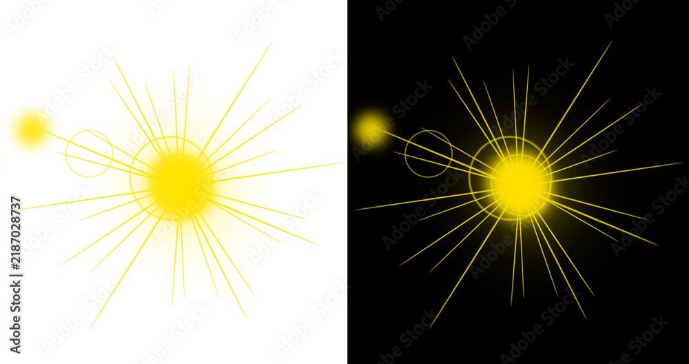 Fototapeta premium Bright yellow sun starburst lens flare isolated on transparent background