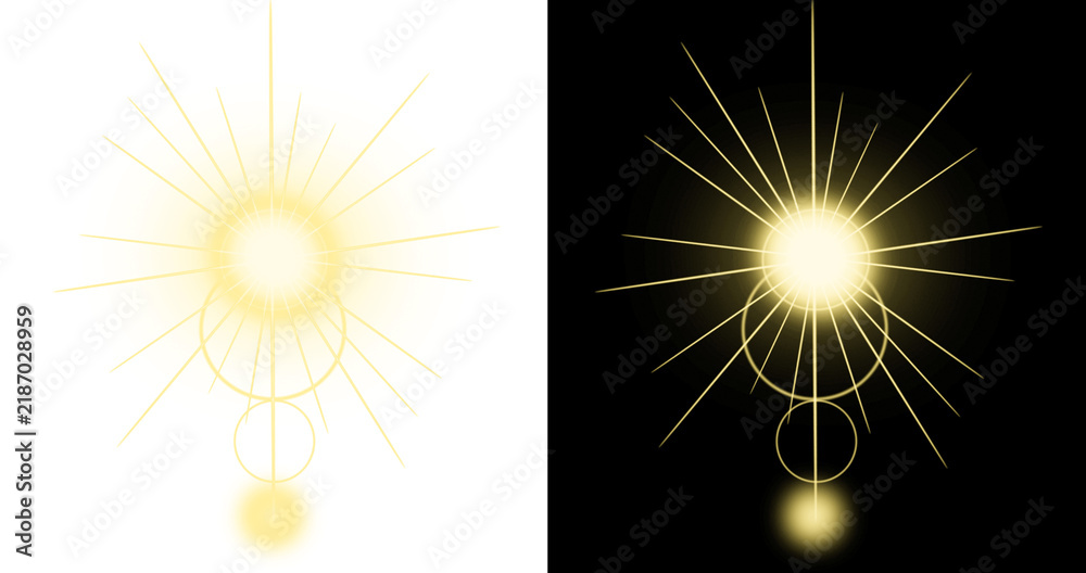 Fototapeta premium Golden starburst light effect with geometric rings isolated on white