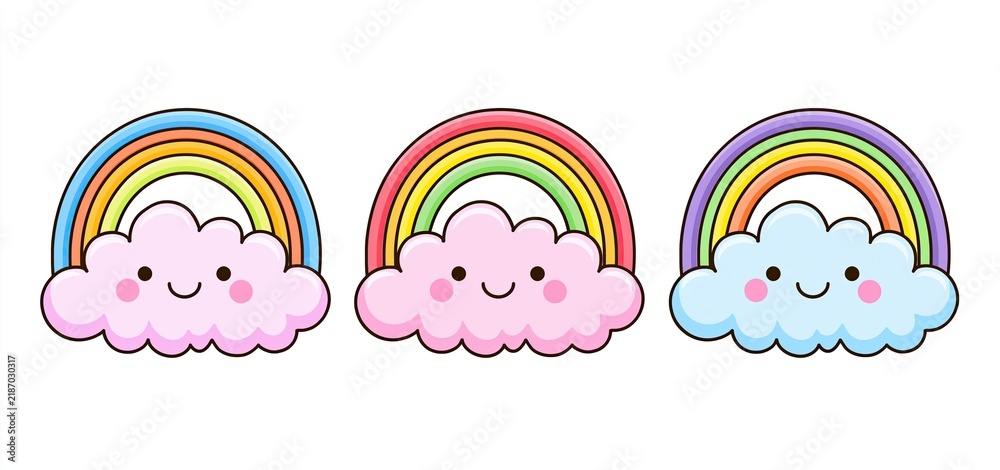 Obraz premium Cheerful pastel clouds with smiling faces and vibrant rainbows on a bright, playful background.