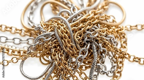 Tangled gold and silver chains forming an intricate abstract pattern on white
