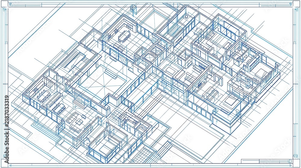 Fototapeta premium Detailed architectural blueprint of a modern building showing structural floor plans and isometric design details
