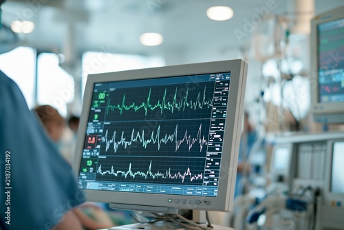 Close-up of medical monitor displaying vital signs waveforms and numerical readouts in modern hospital intensive care unit with blurred and IV equipment in background under bright clinical