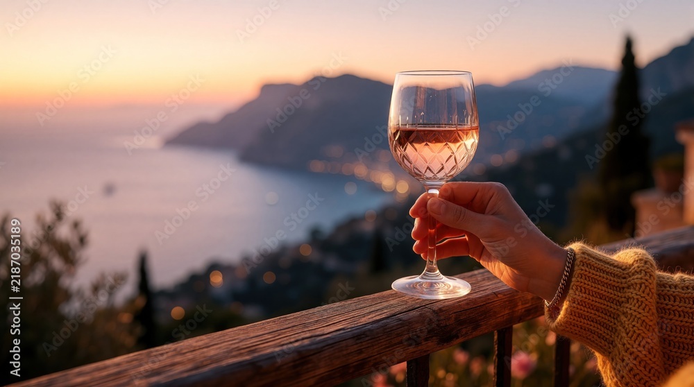 Fototapeta premium Close up of woman hand holding glass of rose wine on terrace. Person enjoys drink at sunset on balcony with scenic mediterranean coast view. Luxury lifestyle, summer vacation, relaxing evening by sea