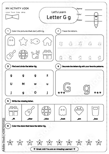 Educational alphabet worksheet for letter G, preschool tracing and coloring activity page, kindergarten learning exercise vector
